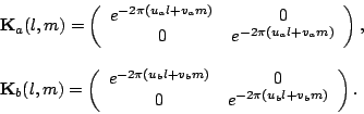 \begin{displaymath}
\begin{array}{l}
{\bf K}_a(l,m) = \left(\begin{array}{cc}e^{...
... & e^{-2\pi(u_b l + v_b m)} \\ \end{array} \right).
\end{array}\end{displaymath}